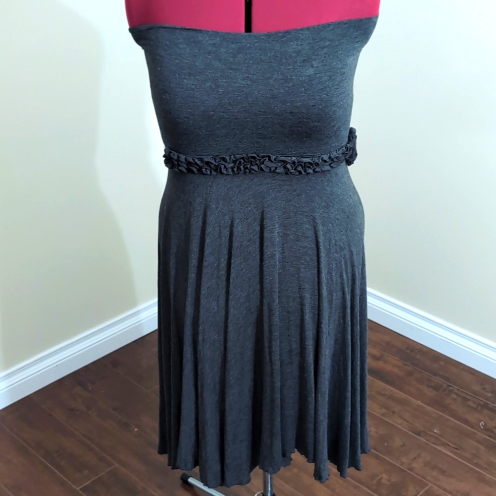 Lapis| Charcoal Grey Strapless Dress With  Waistline Floral Detail